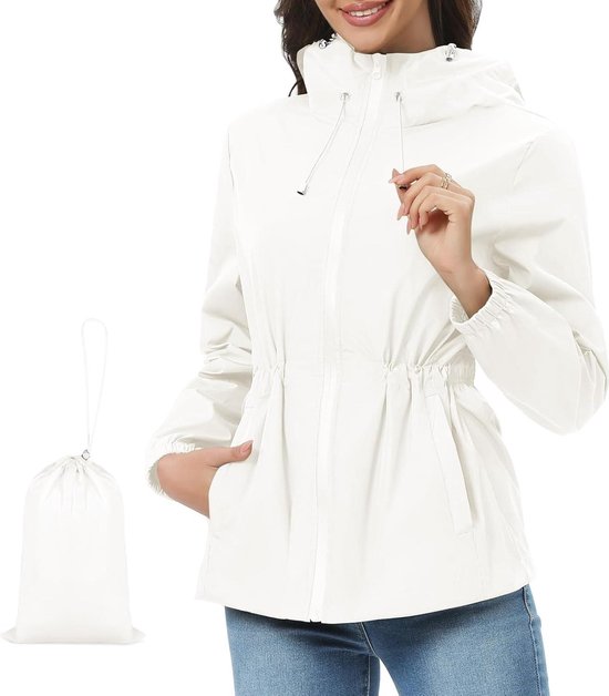 Waterdichte regenjas met capuchon voor dames - dun, licht, ademend - outdoorjas windbreaker-opvouwbaar - overgangsjas met opbergtas