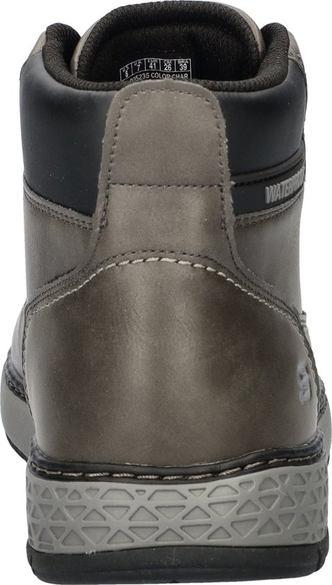 Grijze Skechers veterboot van achteren gezien, met 'WATERPROOF' opdruk.