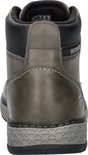 Grijze Skechers veterboot van achteren gezien, met 'WATERPROOF' opdruk.