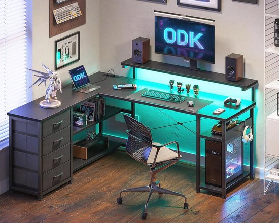 ODK Hoekbureau met Lades, 135×100cm L-vormig Bureau met Stopcontacten en USB-Oplaadpoort, Omkeerbaar Bureau met Opbergruimte voor Thuiskantoor, Grijze eik