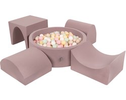KiddyMoon Foam speeltuin PPZP-OK30D-135 met ballen heide: pastelbeige-pastelgeel-wit-mint-poederroze zwembad 300/kalebas/tunnel/ramp L/semi-glijbaan