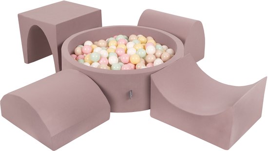 KiddyMoon Foam speeltuin PPZP-OK30D-135 met ballen heide: pastelbeige-pastelgeel-wit-mint-poederroze zwembad 300/kalebas/tunnel/ramp L/semi-glijbaan