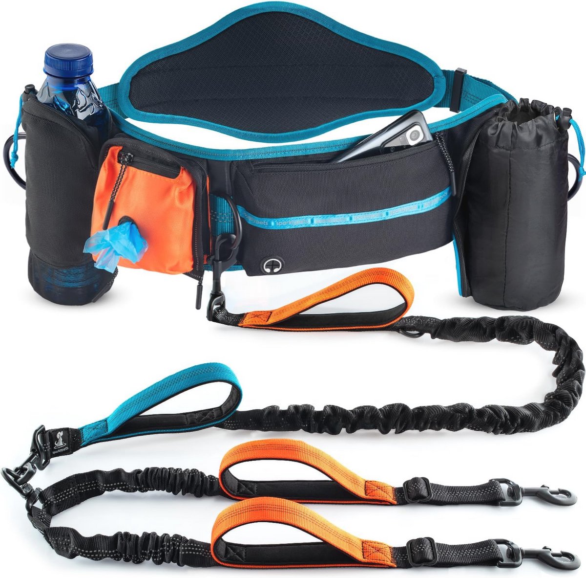 Dubbele Bungee Taille Hondenriem voor Middelgrote en Grote Rassen - Handsfree Loopriem met Opbergtas