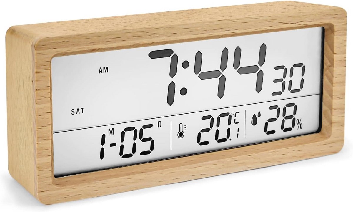 Digitale Hout wekker met Groot Scherm - Tafelklok met Snooze, Datum, Temperatuur en Vochtigheid voor Slaapkamer, Kinderbed en Kantoor