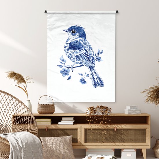 Wandkleed 90x120 cm - Wanddoek Vogel - Delfts blauw - Illustratie - Bloemen - Wandtapijt - Wandkleden