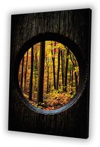 Herfstbos door ronde kijkopening - Bos canvas schilderij - Muurdecoratie canvas bomen - Surrealistisch - Decoratie voor thuis - Muurdecoratie - Canvas 30x45 cm
