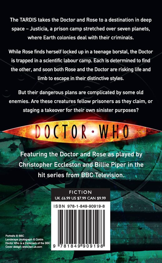 De achterkant van het Doctor Who boek 'The Monsters Inside', met een beschrijving en barcode.