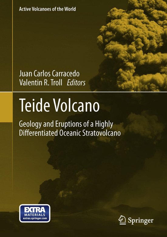 Boekcover "Teide Volcano" met een uitbarstende vulkaan op de achtergrond. "Active Volcanoes of the World".