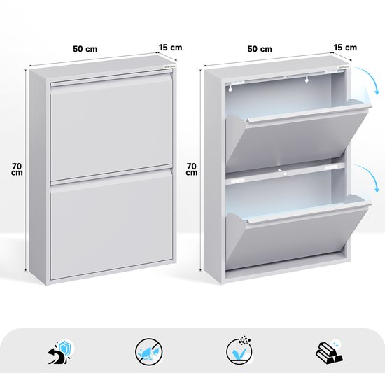 VEEHAUS® - Paplet - Praktisch Schoenenrek -Schoenenrek grijs - Schoenenrek met 2 Niveaus - Schoenenkast grijs - Schoenenrek metaal industrieel - Metaal - 50 x 70 x 15cm -Grijs