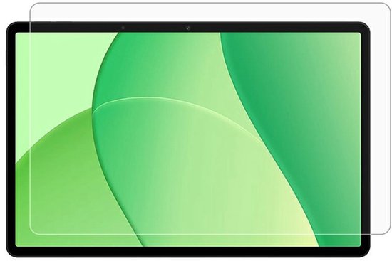 Schermprotector geplaatst op een tablet met groen design op het scherm.