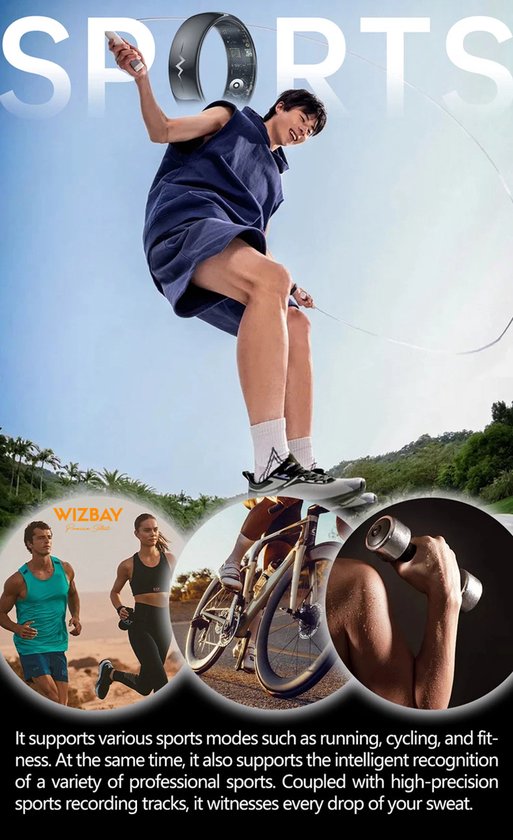 Man met zwarte ring springt over een touw, met kleinere beelden van sportende mensen.