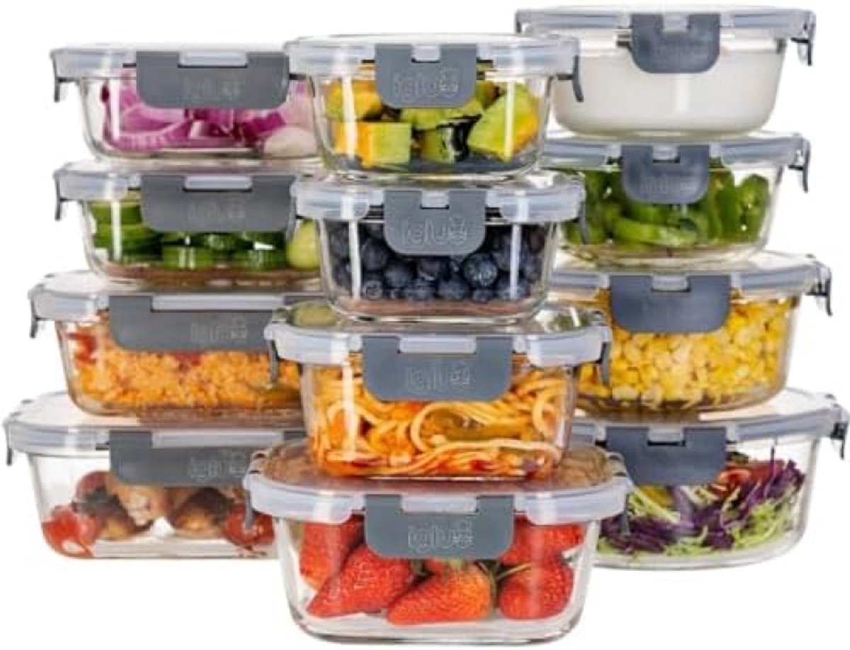 PolkaHome Glazen Maaltijdcontainers met Deksels (12 stuks) - Veelzijdige, Luchtdichte Voedselopslag - Magnetron-, Oven-, Vriezer- en Vaatwasserbestendig - Inhoud 320ml tot 1050ml