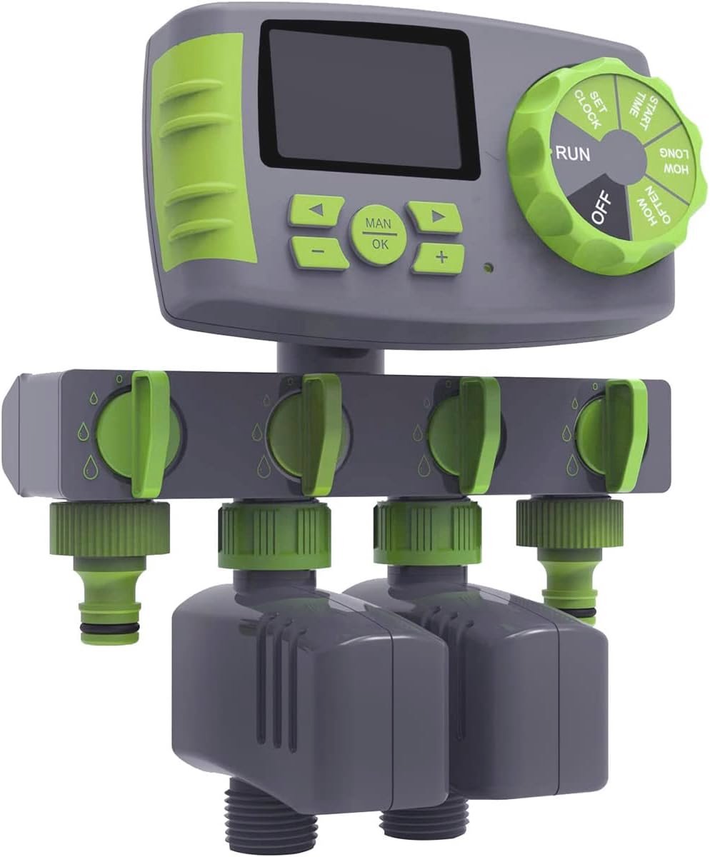 4 uitgangen watertimer voor tuinirrigatie met 4-weg waterverdeler en magneetkleppen