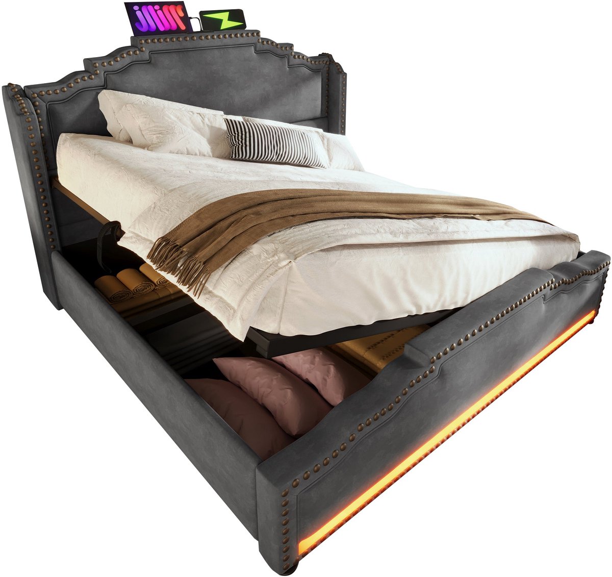 Merax Luxe Tweepersoonsbed 140x200 cm met Matras en LED – Bed met USB-C en Hydraulisch Opbergruimte – Fluweel Grijs