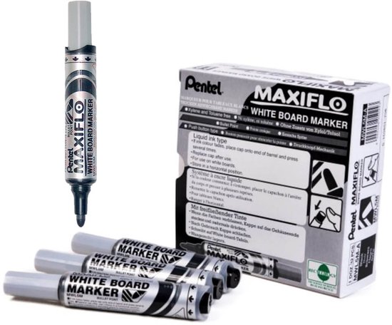 MAXIFLO whiteboardmarker, zilver met grijze dop en doos met instructies.