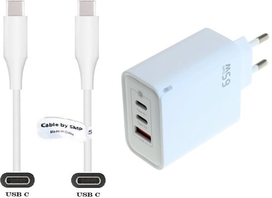 65W USB-C snellader met 3 poorten + 0,5m USB-C kabel, PD GaN adapter voor Apple MacBook, iPad, iMac