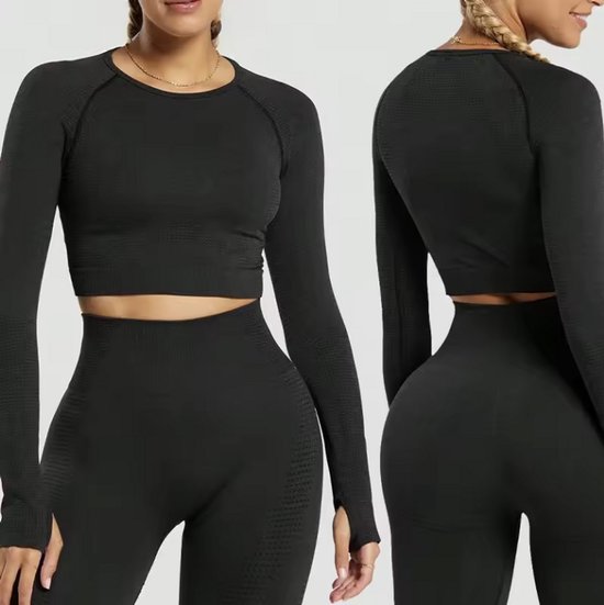 CHPN - Tenue de sport - Leggings et haut - Legging taille haute - Crop top à manches longues - Sans coutures - Zwart - Medium - Taille M - Sportswear - Sports - Mode sport