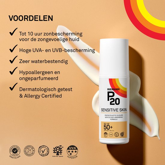 Voordelen van P20 Sensitive: 10 uur zonbescherming, hoge UVA/UVB, waterbestendig, hypoallergeen, ongeparfumeerd.