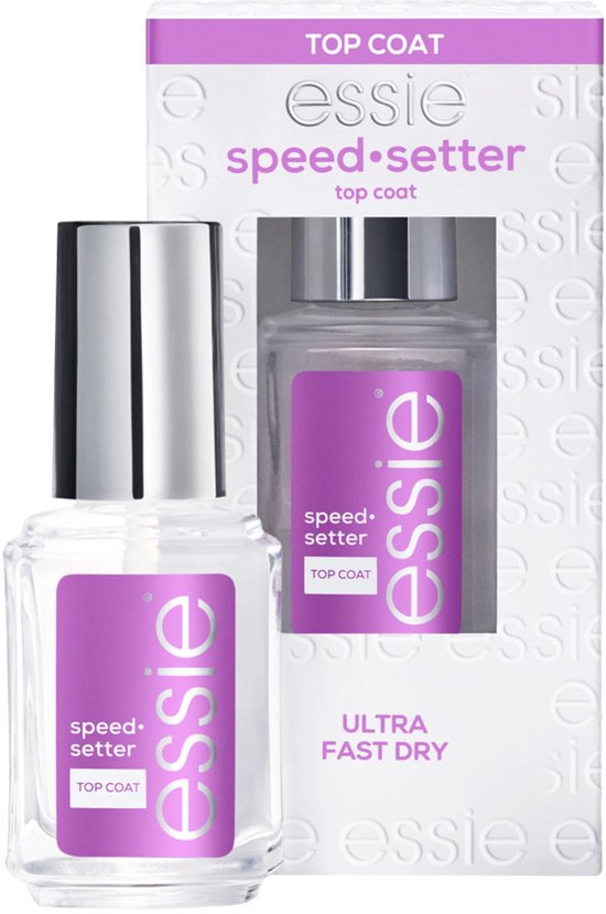 Essie Speed Setter Top Coat nagellak naast de verpakking. De verpakking is wit met paarse lijnen. Het label is paars.
