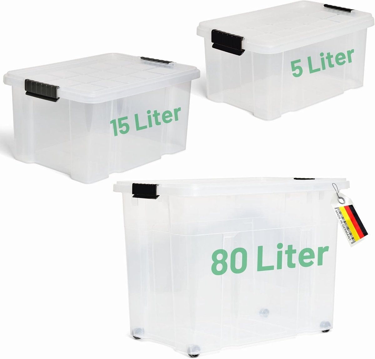 Novaliv 5-delige set opbergdozen met deksel, transparant, 1x80 L + 1x 55 L + 1x 28 L, nestbaar, stapelbaar, clipsluiting, roldozen, BPA-vrij