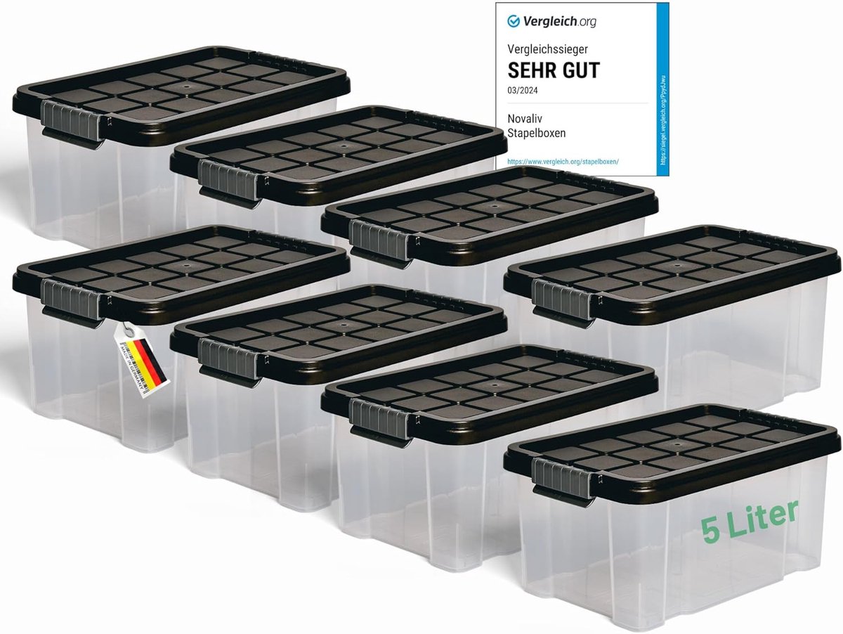 Novaliv 8x opbergdozen met deksel 5L antraciet Nestbare stapelbare opbergdozen met clipsluiting Kunststof BPA-vrij 30 x 19 x 14 cm