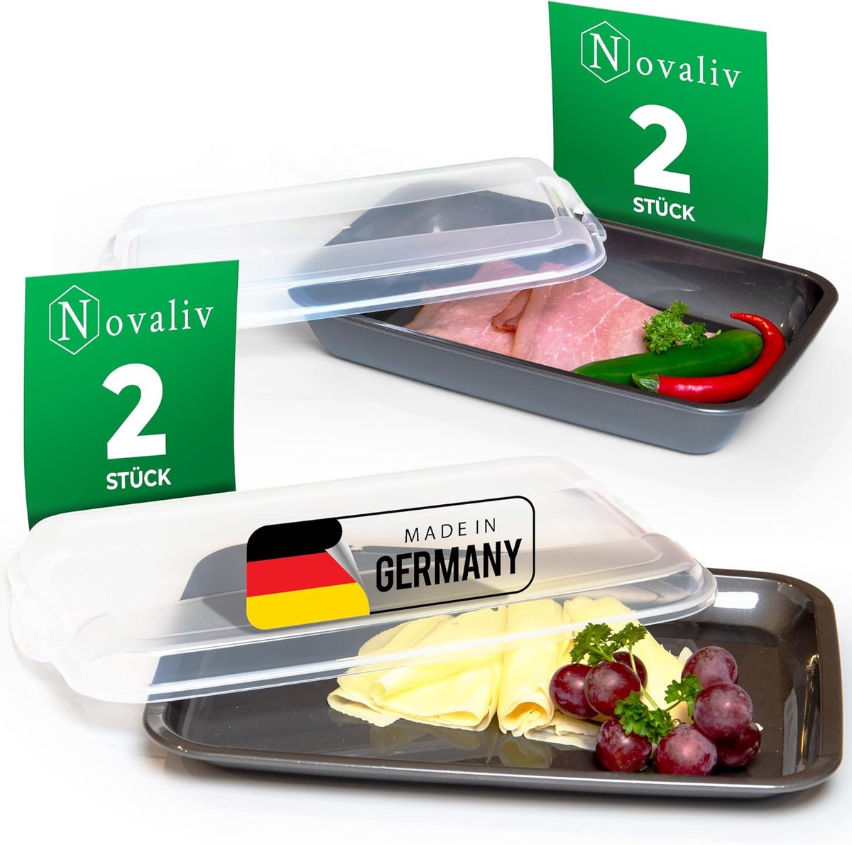 Novaliv Voordeelset 2x plat 2x hoog Antraciet Premium vleeswarendoos met transparant deksel, vershouddozen voor worst & kaas Afmetingen 25x17x3 cm 25x17x5 cm Koelkastorganizer Knäckebröddoos must-have