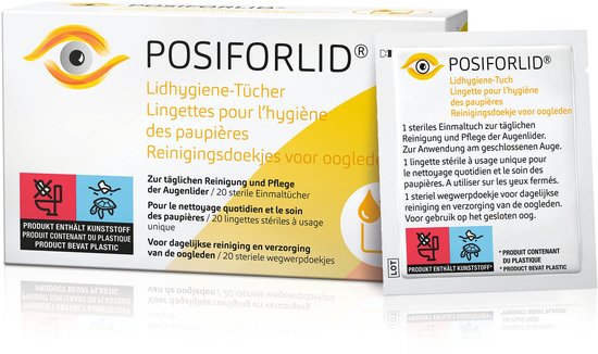 POSIFORLID® Hygiënische reinigingsdoekjes voor oogleden - Bij ooglidontstekingen (blefaritis) - Steriele, voorbevochtigde wegwerpdoekjes - Met hyaluronzuur, heermoes en ogentroost - Vrij van conserveermiddelen en alcohol - 20 stuks