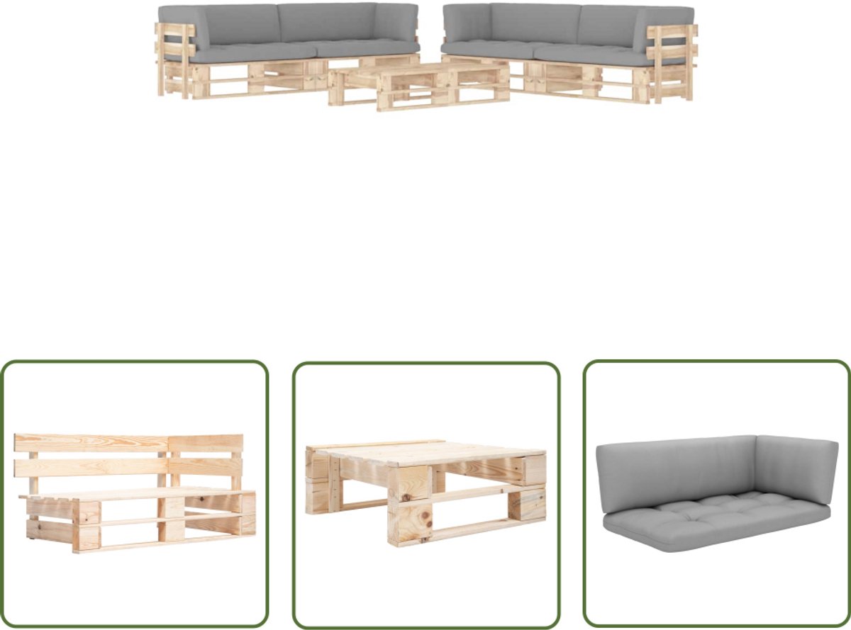 The Living Store 6-delige Loungeset pallet met kussens geïmpregneerd grenenhout - Houten Loungebank - Pallets Bank - Buitentijd - Tuinlounge - Relaxstoel