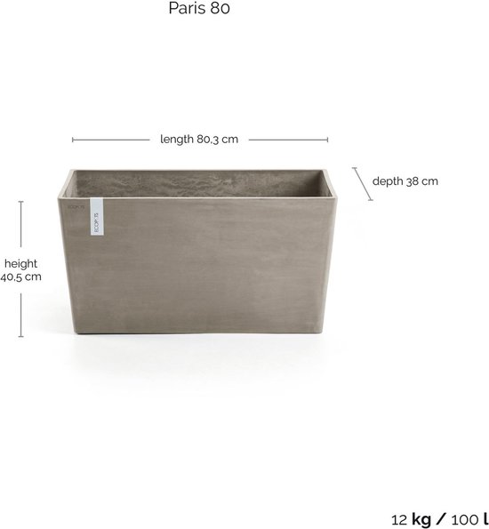 Grijze rechthoekige plantenbak 'Paris 80'. Afmetingen: lengte 80.3 cm, diepte 38 cm, hoogte 40.5 cm. Gewicht 12 kg, inhoud 100 l. ECOPOTS label aan de zijkant.