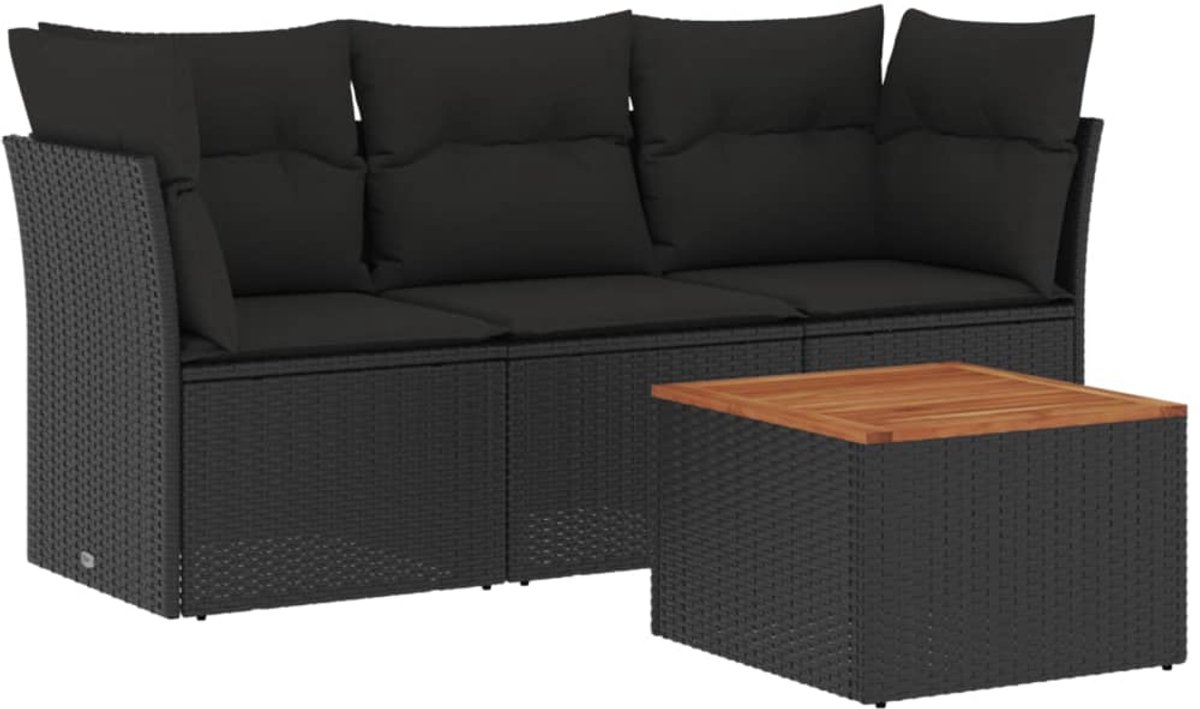 Zwarte poly rattan loungeset met kussens voor tuin of balkon - The Living Store.