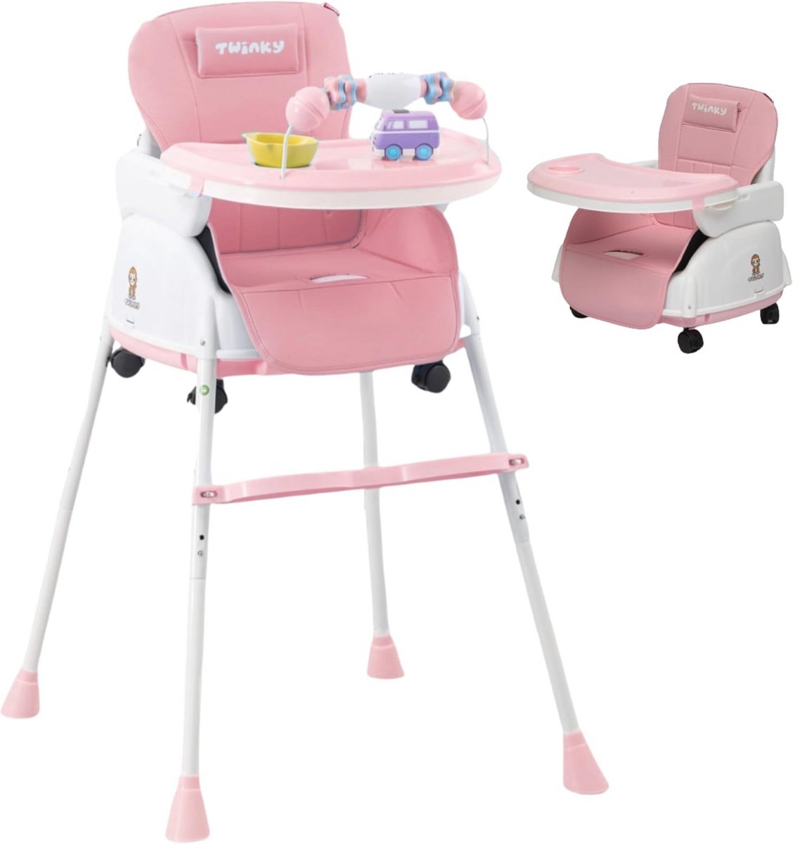 Image of 2-in-1 Kinderwagenset - Opvouwbare Eetstoel en Kinderwagen voor Baby's en Peuters - Verstelbare en Draagbare Babystoel - Roze
