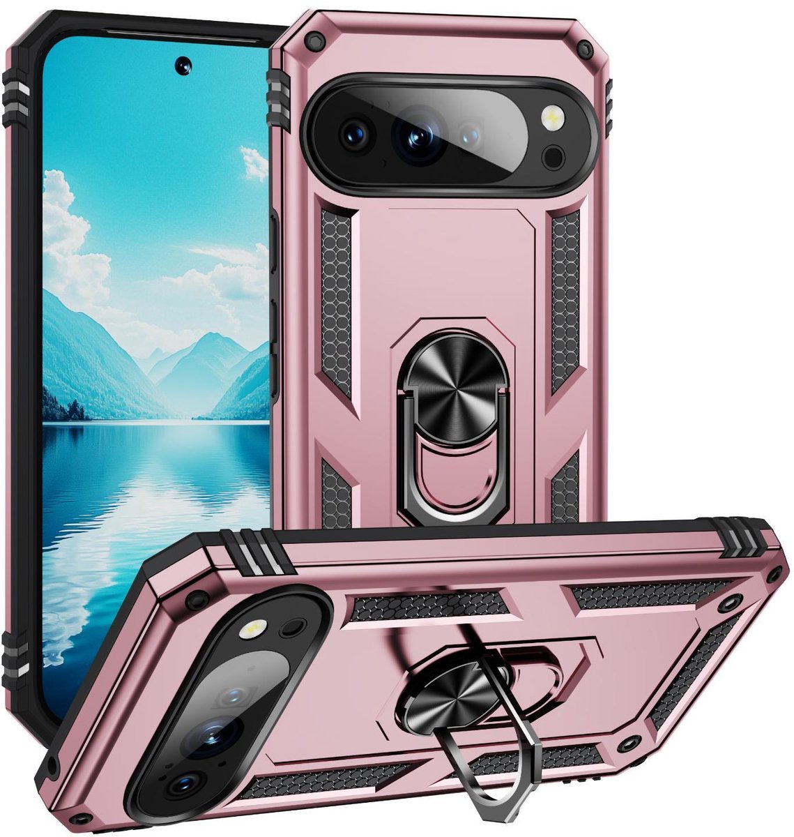 Mobigear Hoesje geschikt voor Google Pixel 10 Pro XL Telefoonhoesje Hardcase | Mobigear Armor Ring Backcover Shockproof met Ringhouder | Schokbestendig Pixel 10 Pro XL Telefoonhoesje | Anti Shock Proof - Roségoud