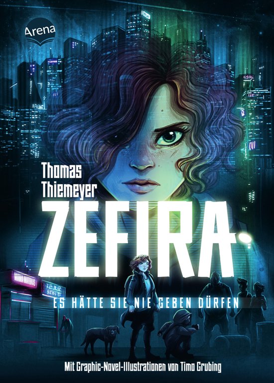 Boekcover met de titel 'Zefira'. Een meisje met krullend haar kijkt dreigend naar de kijker, omringd door stedelijke silhouetten en figuren.