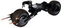 De Batpod, een zwarte motor met drie wielen en pinnen aan de voorkant.