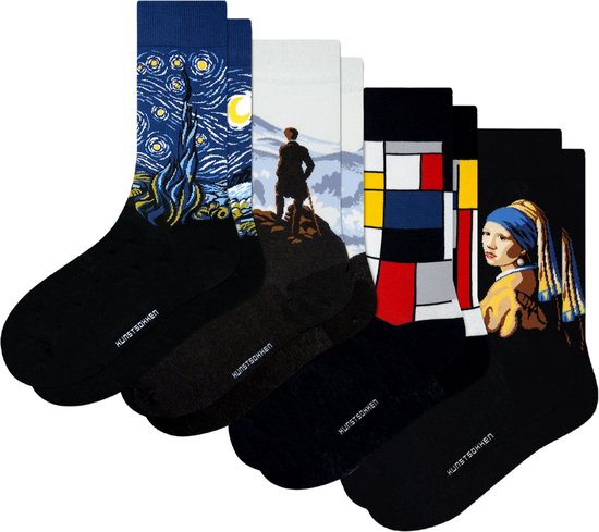 Foto: Kunst sokken meesterlijke contrasten 4 pack mondriaan da vinci gustav klimt munch heren sokken dames sokken biologisch katoenen sokken leuke sokken socks happy vrolijke sokken sokken cadeau