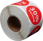 Rol met ronde rode stickers met "30% korting" in witte letters.