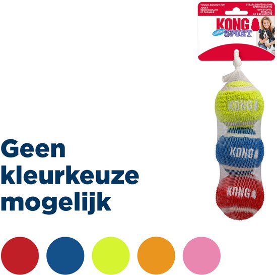 Drie Kong Sport Softies hondenballen in een net, één geel, één blauw en één rood, met witte strepen en "KONG"-logo. "Geen kleurkeuze mogelijk" tekst.