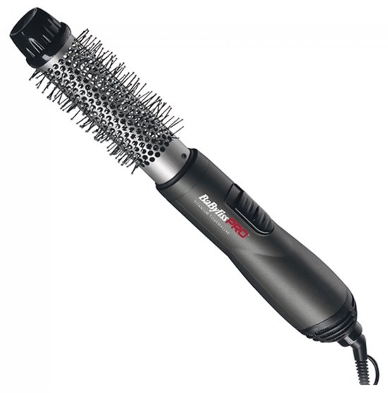 Grijze BaBylissPRO Titanium Tourmaline föhnborstel met zwarte handgreep en borstelharen.