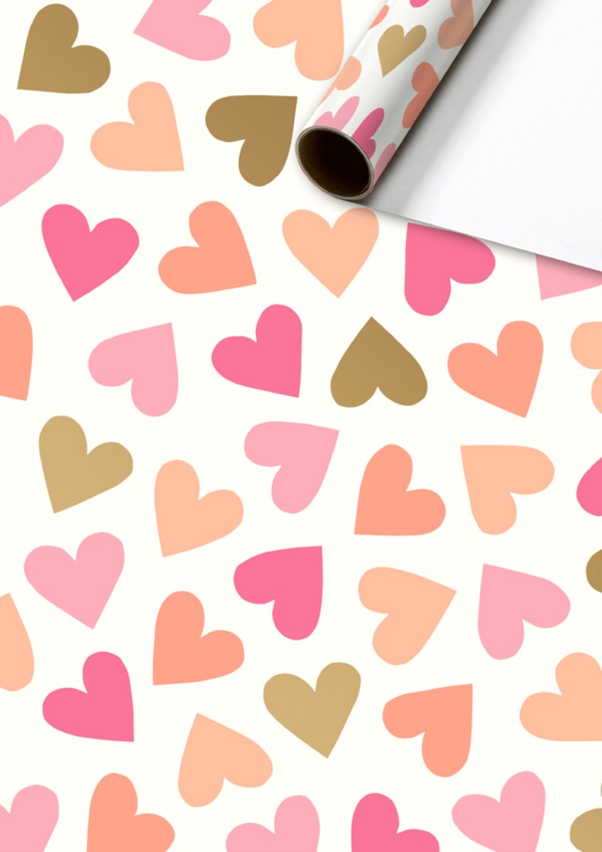 Cadeaupapier 70x200 cm - Velia - Harten - Roze - Goud