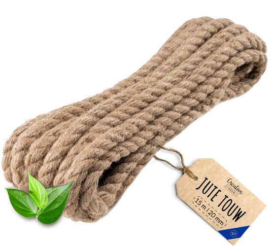 Deco de jute créative et décorative |15 m de longueur | 20 mm d'épaisseur | Corde de jute solide et durable | Corde en fibre naturelle torsadée | Corde décorative marron | Pour les applications : balustrades, projets de jardin et de maison
