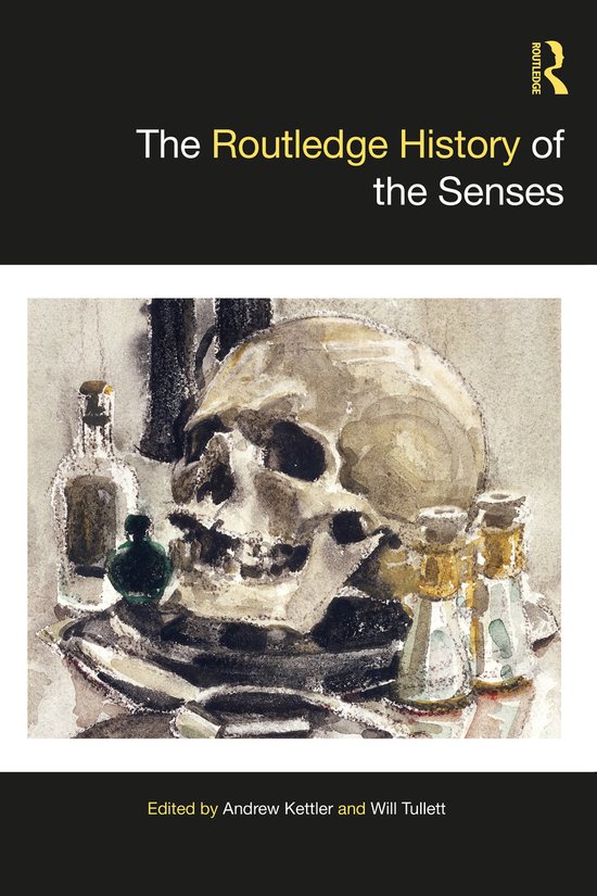 Couverture du livre 'The Routledge History of the Senses'. L'image montre un crâne, des bouteilles et des bocaux.