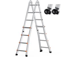 13 Ft Telescopische Ladder A-Frame, Compacte Aluminium Uitschuifbare Ladder, Multifunctionele Opvouwbare Autoladder voor Thuis, Op Trappen, Binnen/Buiten, 150 Kg Draagvermogen, Zilver