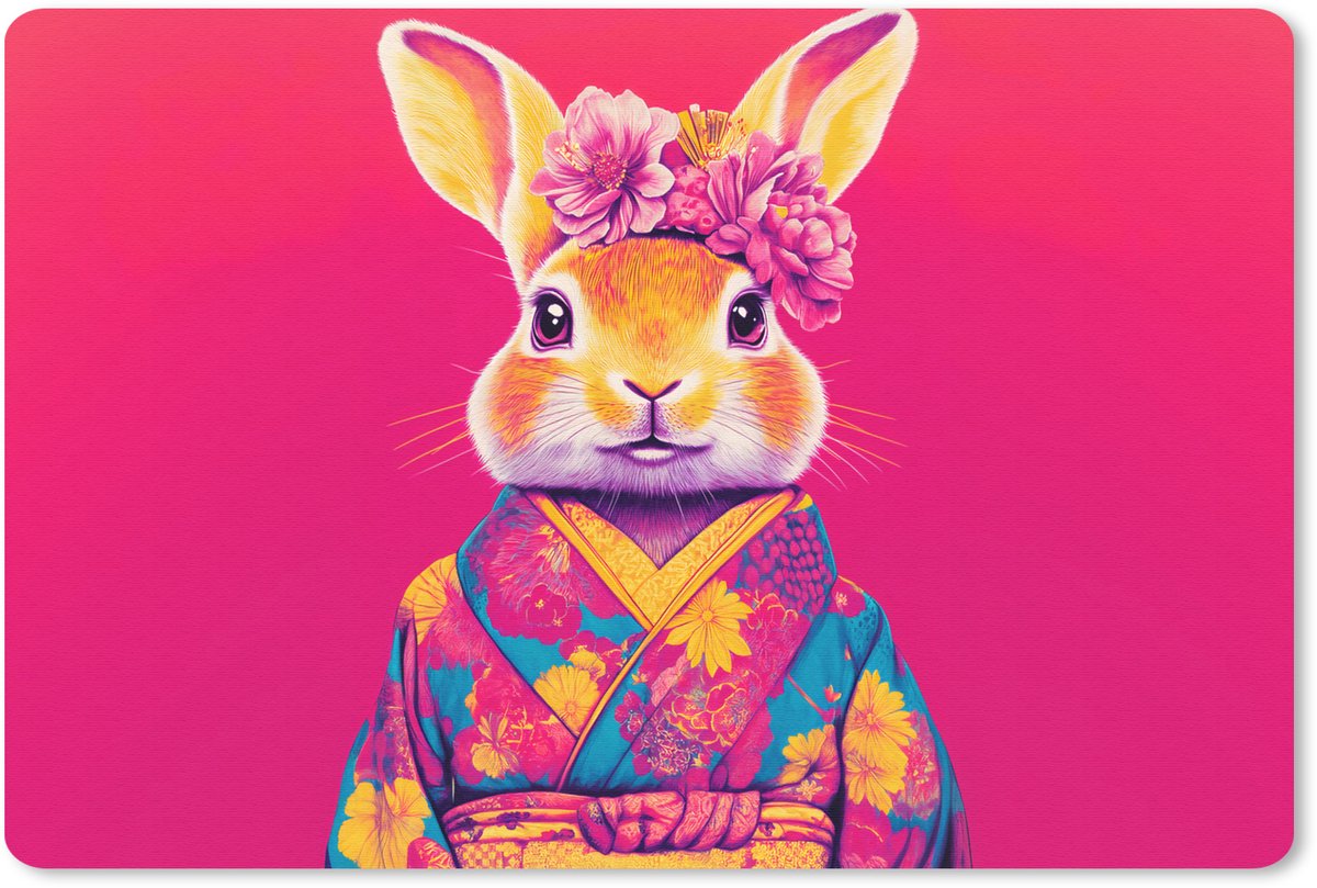 Muismat 27x18 cm - Mousepad Konijn - Bloemen - Kleurrijk - Kimono - Muismatten