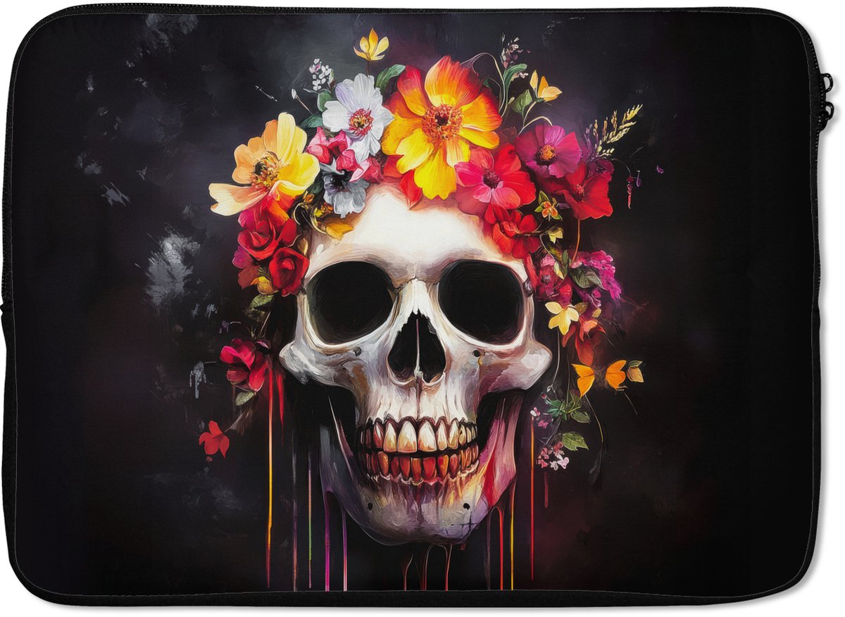 Laptophoes 13 inch - Schedel - Bloemen - Doodshoofd - Bloed - Kleurrijk - Laptop sleeve - Binnenmaat 32x22,5 cm - Zwarte achterkant