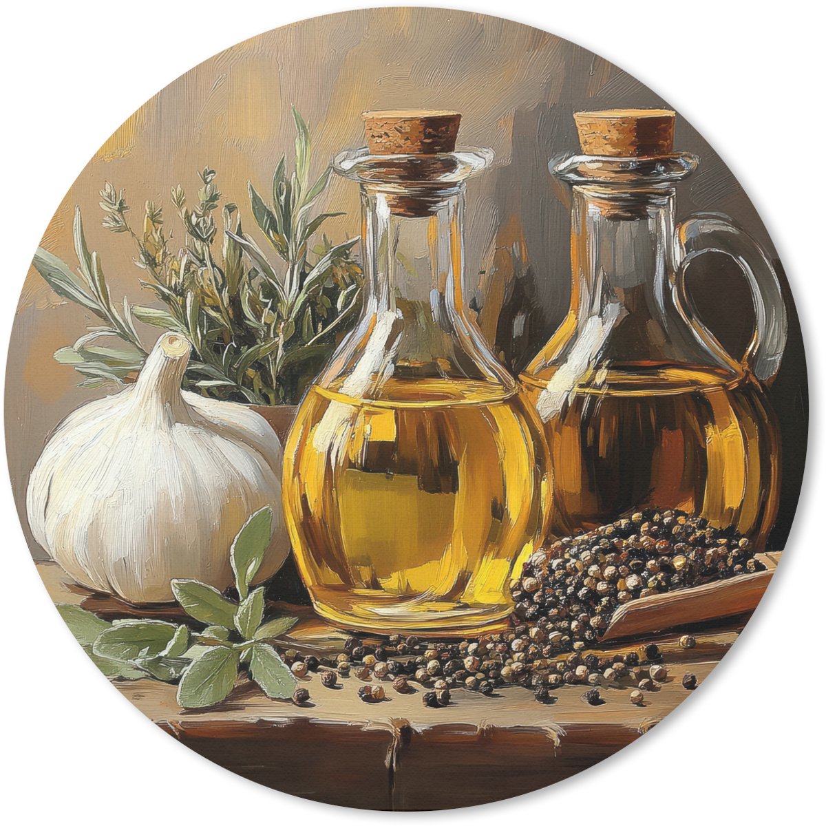 Muismat rond 20x20 cm - Mousepad Stilleven - Olijfolie - Knoflook - Kruiden - Ronde muismatten