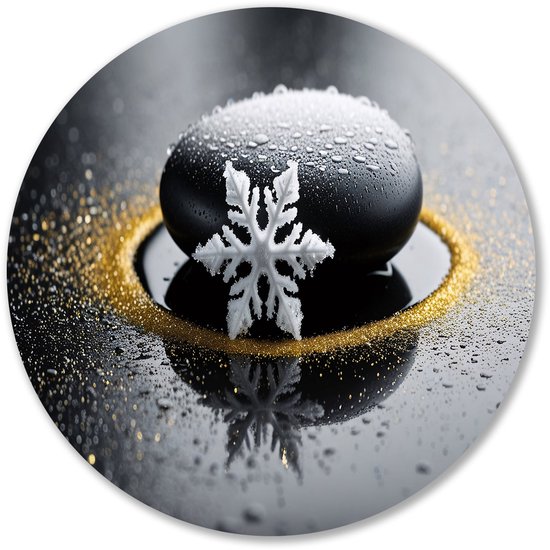 Witte sneeuwvlok op zwarte steen - Zen muurcirkels - Wandpaneel sneeuwvlok - Minimalisme - Metalen muurcirkel - Woonkamer decoratie - muurcirkel aluminium 50x50 cm