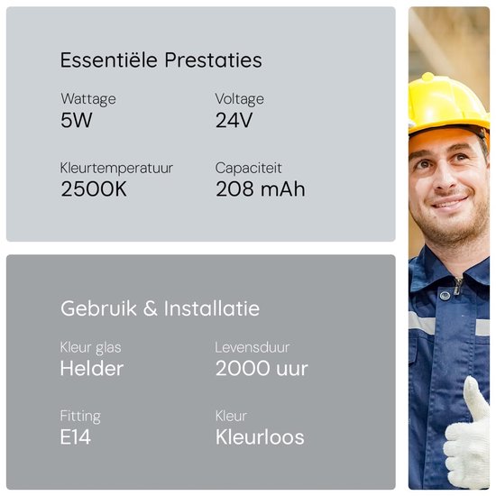 Specificaties: Wattage 5W, Voltage 24V, Kleurtemperatuur 2500K, Capaciteit 208 mAh. Gebruik: Helder glas, 2000 uur levensduur, E14 fitting, kleurloos.
