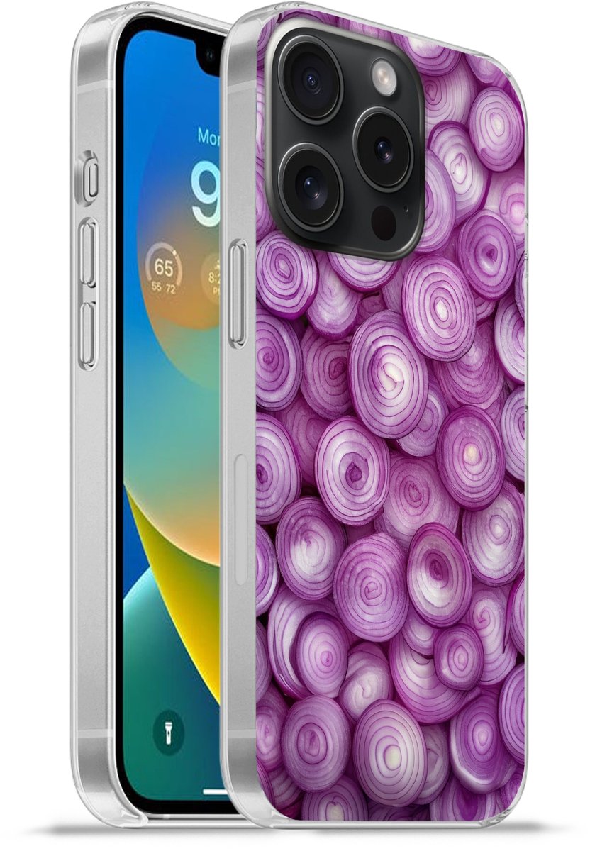 Telefoonhoesje Geschikt voor iPhone 15 Pro hoesje - Paars - Uien - Close up - Siliconen Telefoonhoesje Telefoonhoesje
