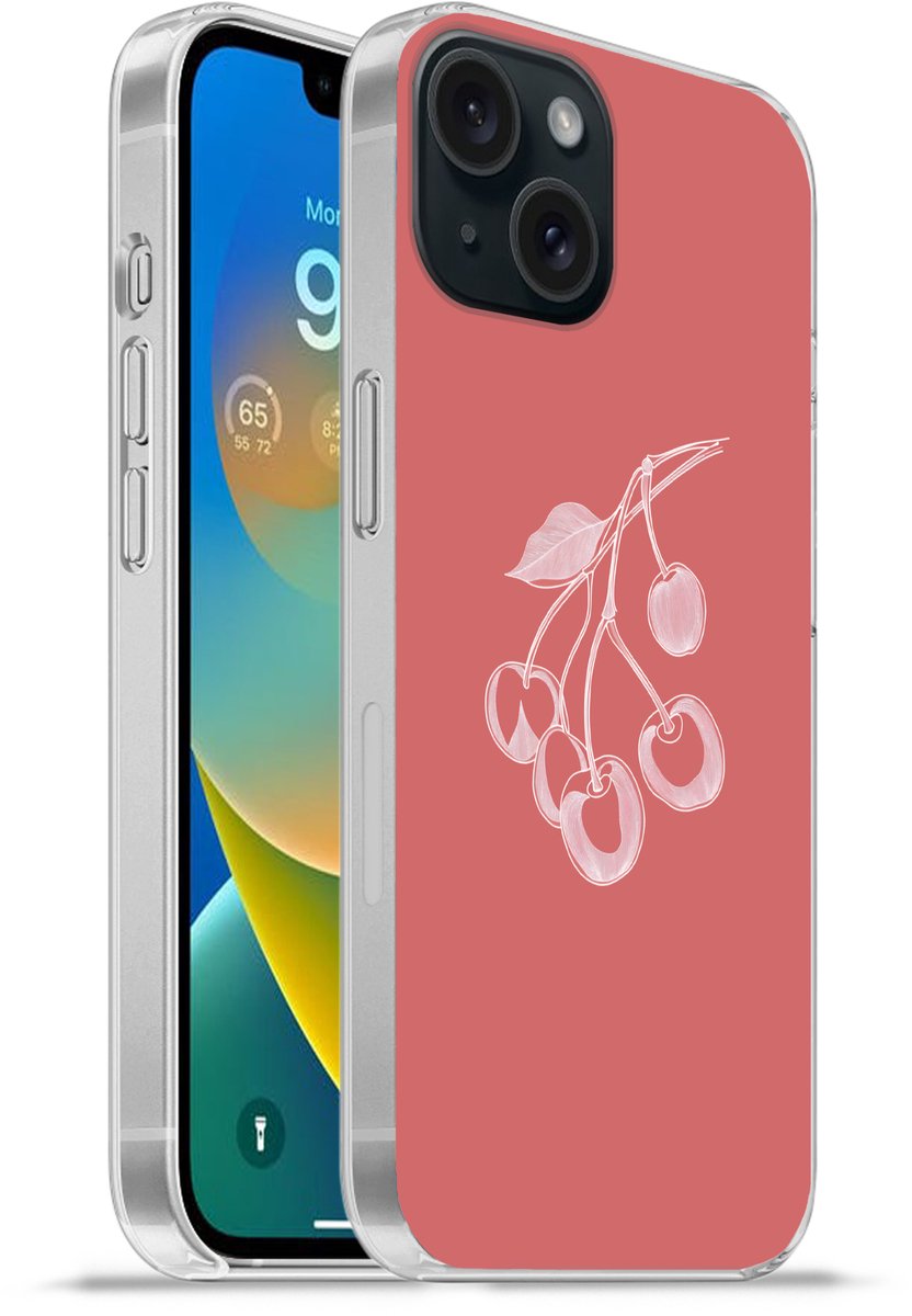 Telefoonhoesje Geschikt voor iPhone 15 hoesje - Lijnillustratie - Kersen - Tak - Wit - Siliconen Telefoonhoesje Telefoonhoesje