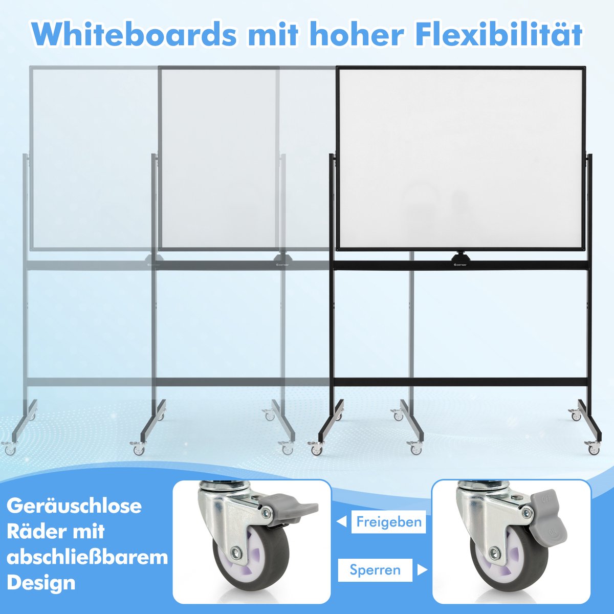 COSTWAY Mobiel whiteboard met standaard, 90 x 120 cm, dubbelzijdig magneetbord, in hoogte verstelbaar en 360° draaibaar, magnetisch whiteboard met wielen, whiteboard, afwasbaar, beschrijfbaar, incl. thumbnail 2